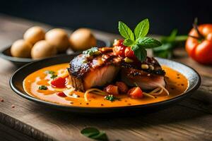 ein Teller von Essen mit Fisch und Gemüse. KI-generiert foto