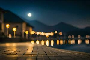 ein Straße beim Nacht mit Beleuchtung auf das Gebäude. KI-generiert foto