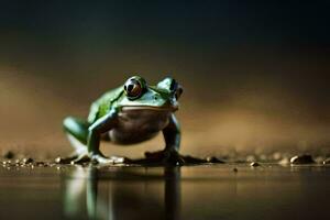 ein Frosch Sitzung auf das Boden mit es ist Augen geschlossen. KI-generiert foto