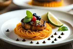 ein Teller von Essen mit Spaghetti und ein Salat. KI-generiert foto