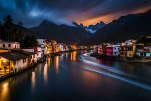 Foto Hintergrund das Himmel, Berge, Fluss, Häuser, Stadt, Nacht, das Berge, Fluss. KI-generiert