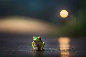 ein Frosch Sitzung auf das Boden im das dunkel. KI-generiert foto