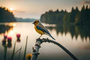 ein Vogel sitzt auf ein Ast in der Nähe von ein See. KI-generiert foto