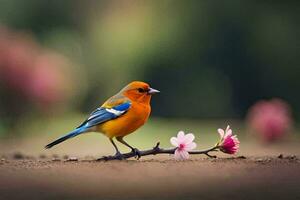 ein klein Orange Vogel ist Stehen auf ein Ast mit ein Rosa Blume. KI-generiert foto