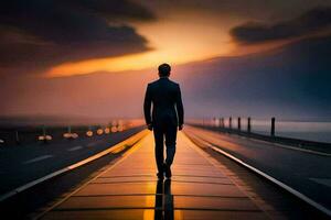 ein Mann im ein passen Spaziergänge Nieder ein lange Straße beim Sonnenuntergang. KI-generiert foto
