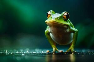 ein Frosch mit groß Augen Stehen auf ein nass Oberfläche. KI-generiert foto