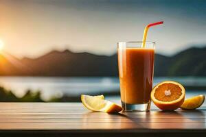 ein Glas von Orange Saft mit ein Stroh und Scheibe von orange. KI-generiert foto