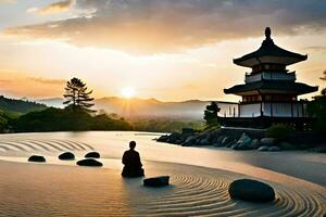 ein Mann meditiert im das Sand beim Sonnenuntergang. KI-generiert foto