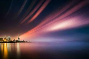 das Stadt Horizont ist zündete oben durch das Licht von das Sterne. KI-generiert foto