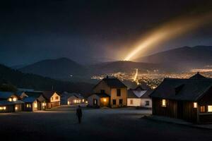 ein Mann Spaziergänge Nieder das Straße beim Nacht mit ein Licht leuchtenden von das Himmel. KI-generiert foto