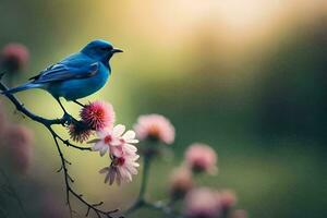 ein Blau Vogel ist thront auf ein Ast mit Rosa Blumen. KI-generiert foto