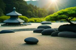 ein japanisch Garten mit Felsen und ein Baum. KI-generiert foto