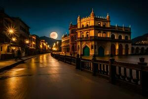 das Mond steigt an Über das Stadt von Kaschmir. KI-generiert foto