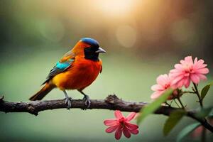 ein bunt Vogel sitzt auf ein Ast mit Rosa Blumen. KI-generiert foto