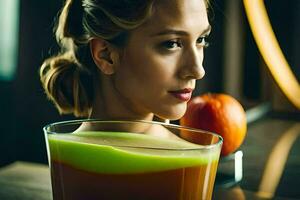 ein Frau ist halten ein Glas von Saft. KI-generiert foto