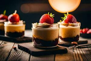 drei Dessert Tassen mit Erdbeeren und ausgepeitscht Creme. KI-generiert foto