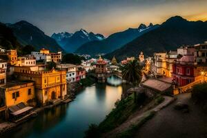 Foto Hintergrund das Himmel, Berge, Fluss, Stadt, Sonnenuntergang, Indien, das Stadt,. KI-generiert