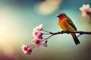 ein Vogel sitzt auf ein Ast mit Rosa Blumen. KI-generiert foto