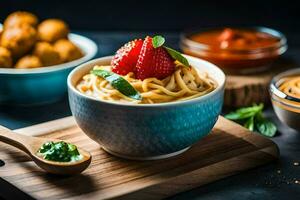 ein Schüssel von Pasta mit ein Erdbeere auf oben. KI-generiert foto