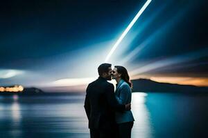 ein Paar küssen im Vorderseite von ein Licht Strahl. KI-generiert foto