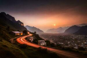 ein Straße im das Berge beim Sonnenuntergang. KI-generiert foto