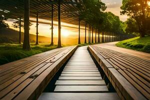 ein hölzern Gehweg führt zu ein Park beim Sonnenuntergang. KI-generiert foto