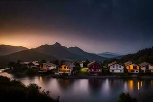 Häuser auf das Ufer von ein See beim Nacht. KI-generiert foto