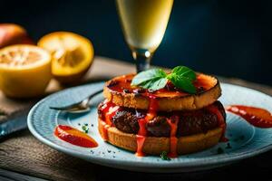 ein Teller mit ein Burger und ein Glas von Champagner. KI-generiert foto