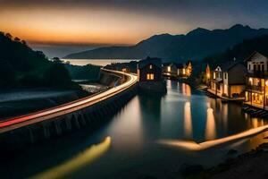 ein Fluss läuft durch ein Stadt, Dorf beim Dämmerung mit Beleuchtung auf das Brücke. KI-generiert foto