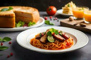 ein Teller von Spaghetti mit Fleisch und Tomate Soße auf ein Tisch. KI-generiert foto