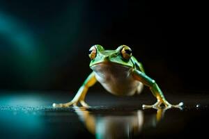 ein Frosch ist Stehen auf ein dunkel Oberfläche. KI-generiert foto