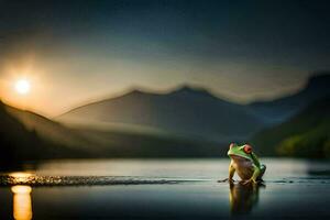 ein Frosch Sitzung auf das Kante von ein See beim Sonnenuntergang. KI-generiert foto