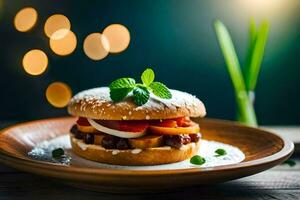 ein Hamburger mit Obst und Minze auf ein Platte. KI-generiert foto