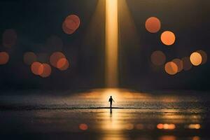 ein Person Stehen auf ein Dock beim Nacht mit Beleuchtung im das Hintergrund. KI-generiert foto