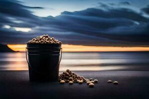 ein Eimer von Erdnüsse auf das Strand beim Sonnenuntergang. KI-generiert foto