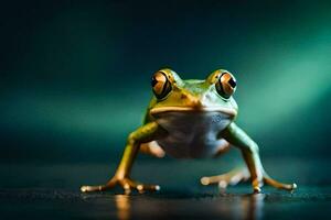 ein Frosch ist Stehen auf ein dunkel Hintergrund. KI-generiert foto