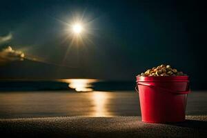 ein rot Eimer von Erdnüsse auf das Strand beim Nacht. KI-generiert foto