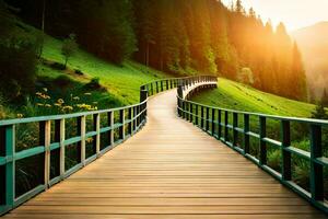 ein hölzern Brücke führt zu ein Grün Feld. KI-generiert foto