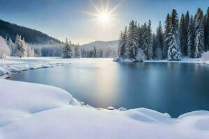 Schnee bedeckt Bäume und ein See im das Winter. KI-generiert foto