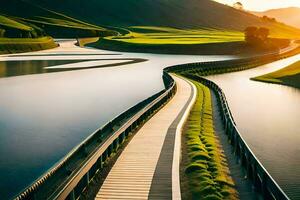 ein lange hölzern Brücke Über ein Fluss im das Mitte von ein Feld. KI-generiert foto