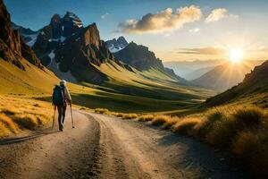 ein Mann Spaziergänge auf ein Straße im das Berge. KI-generiert foto