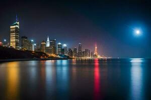 das Chicago Horizont beim Nacht mit das Mond im das Himmel. KI-generiert foto