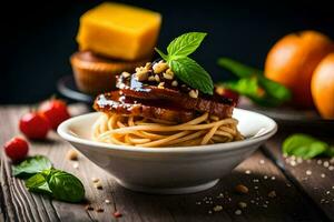 Spaghetti mit Fleisch und Käse auf ein hölzern Tisch. KI-generiert foto