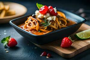 Spaghetti mit Tomate Soße und Käse im ein schwarz Schüssel. KI-generiert foto