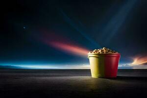 das Film Popcorn ist auf das Boden und das Himmel ist gefüllt mit Sterne. KI-generiert foto