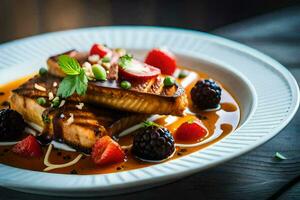 ein Teller von Essen mit Lachs, Beeren und Soße. KI-generiert foto