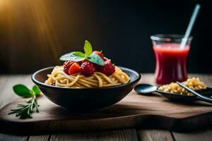 Spaghetti mit frisch Erdbeeren und Basilikum Blätter im ein Schüssel. KI-generiert foto