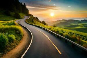 ein Wicklung Straße im das Berge mit das Sonne Einstellung. KI-generiert foto