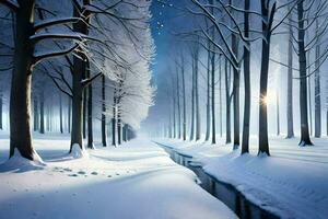 Winter Wald, Schnee, Bäume, Bäume, Bäume, Bäume, Bäume, Bäume, Bäume,. KI-generiert foto