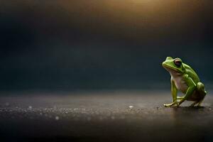 ein Frosch ist Sitzung auf das Boden im Vorderseite von ein dunkel Hintergrund. KI-generiert foto